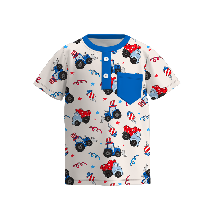 Boys 4th Of July Pocket Blue Red Truck T-Shirt