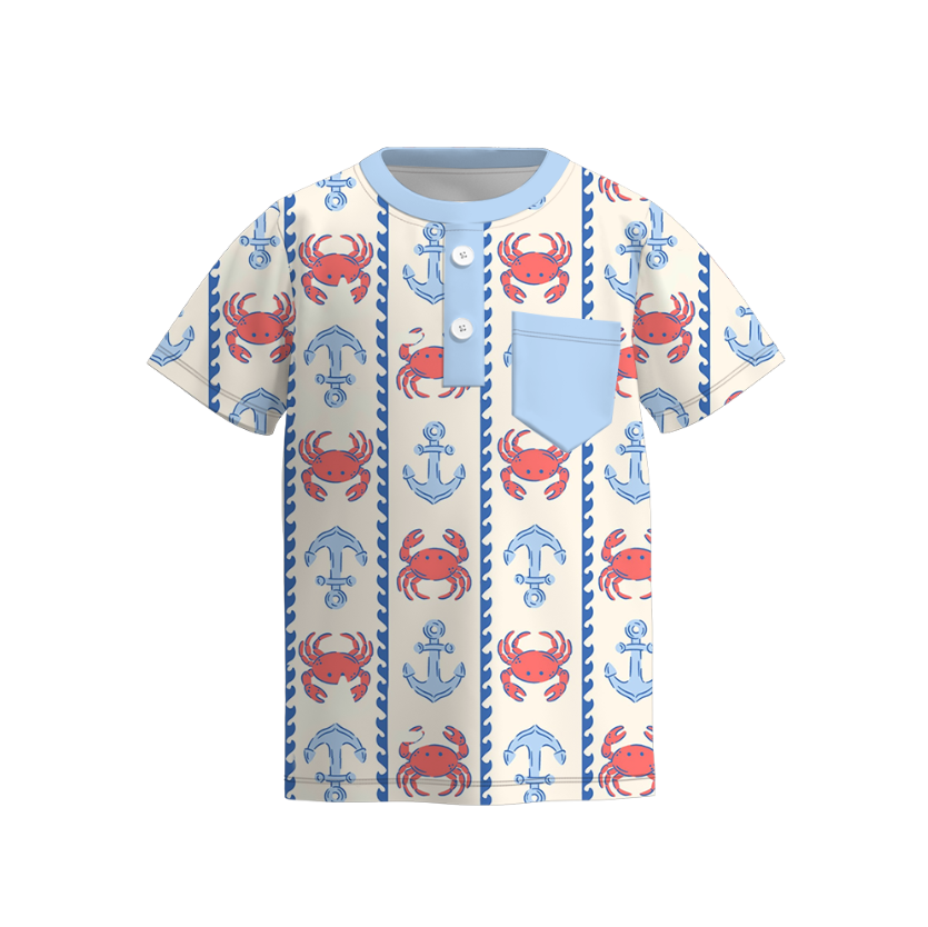 Boys 4th Of July Pocket Blue Red Crab Anchor T-Shirt
