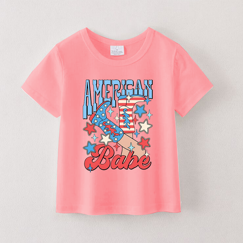 Girls 4th Of July AMERICAN Boots Print Coral Cotton T-shirt