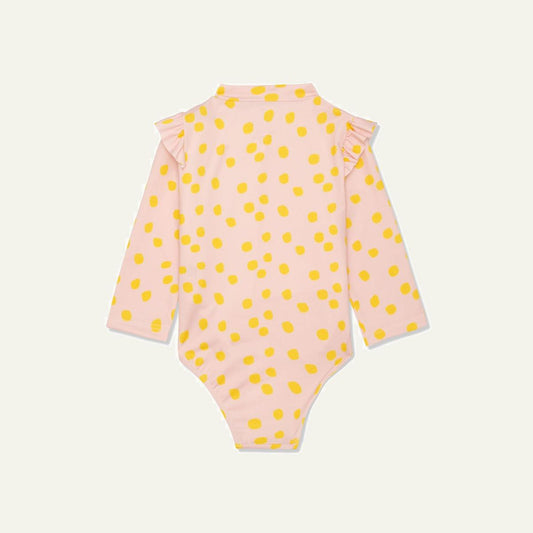 Recycled Polyester Sepia Dotted Zipped Kid Rashguard - Sepia/cyber Yellow