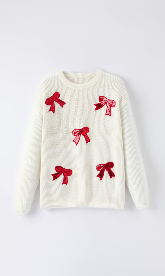 Mommy & Me Winter Girls Bow Sequins Pullover Sweater