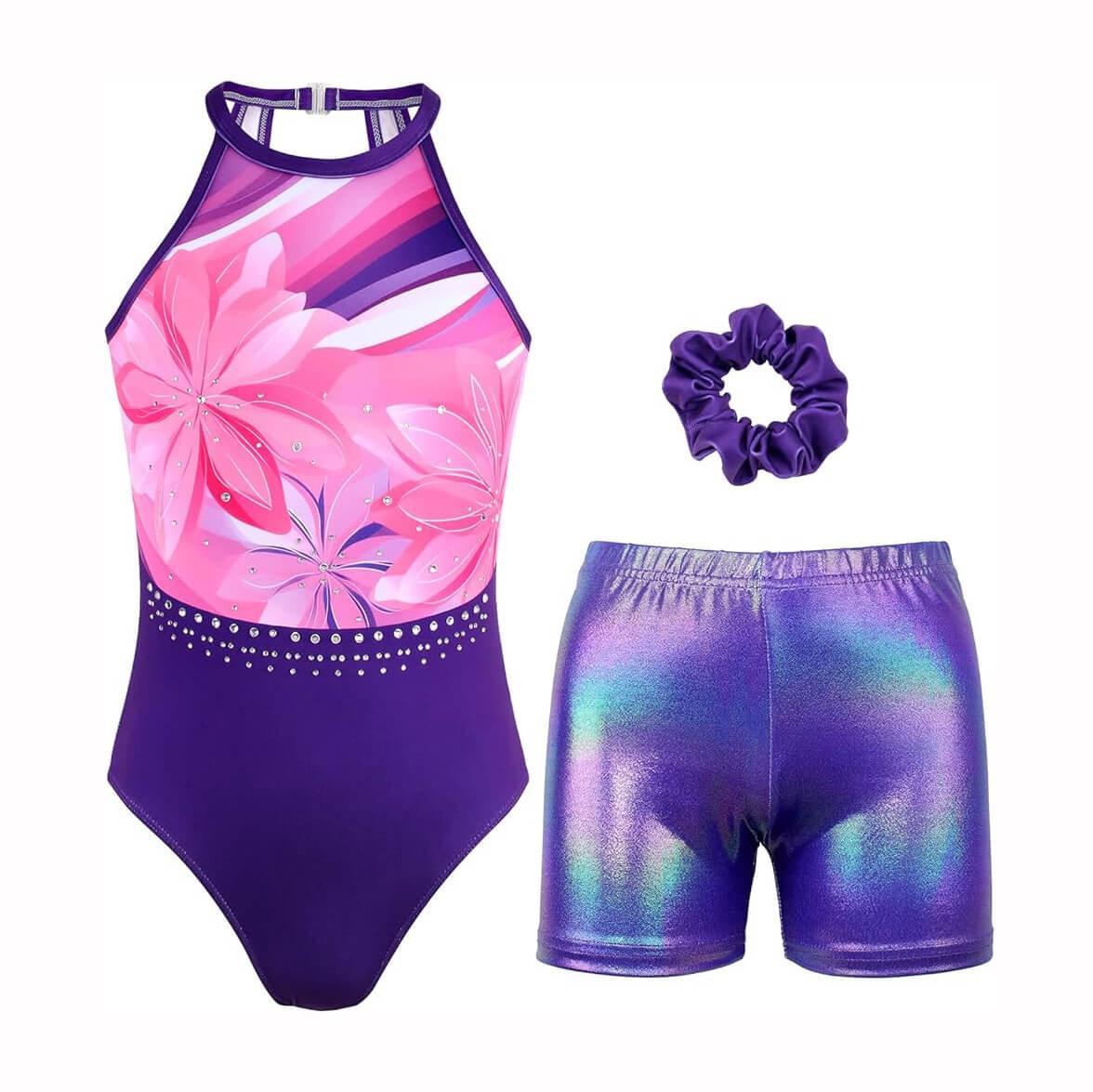 Violet Purple Open Back Gymnastics Leotard Outfit Set