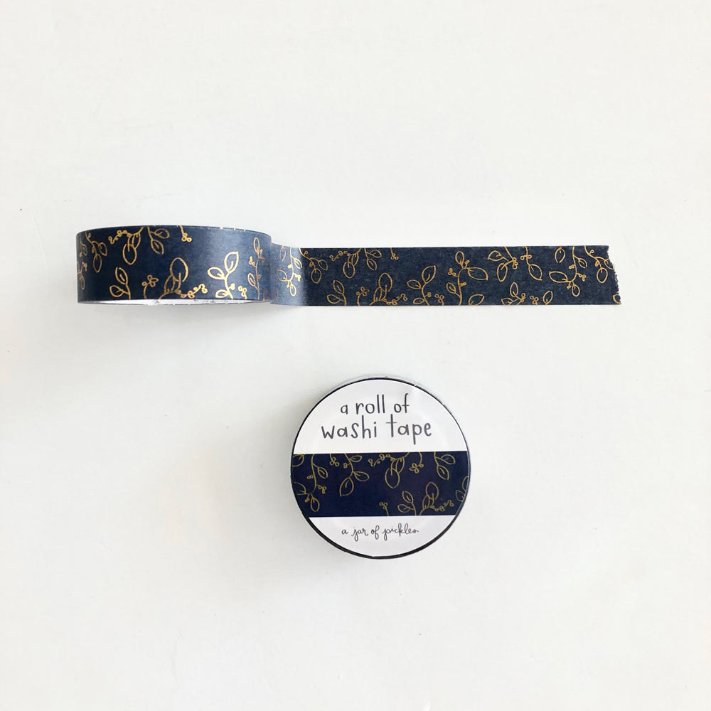 Navy Blue Gold Foil Floral Washi Tape
