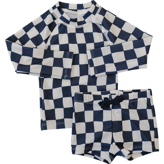 Wavy Checkered Long Sleeve Swim Set