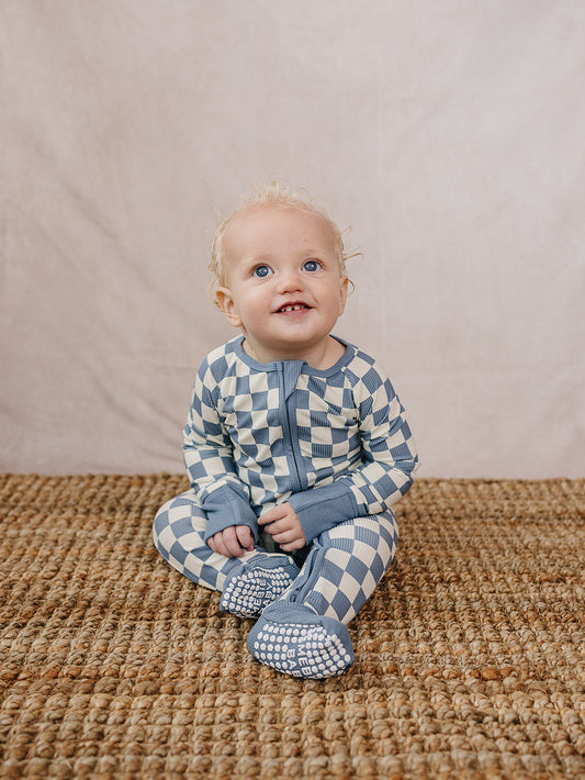 Blue Checkered Bamboo Zipper