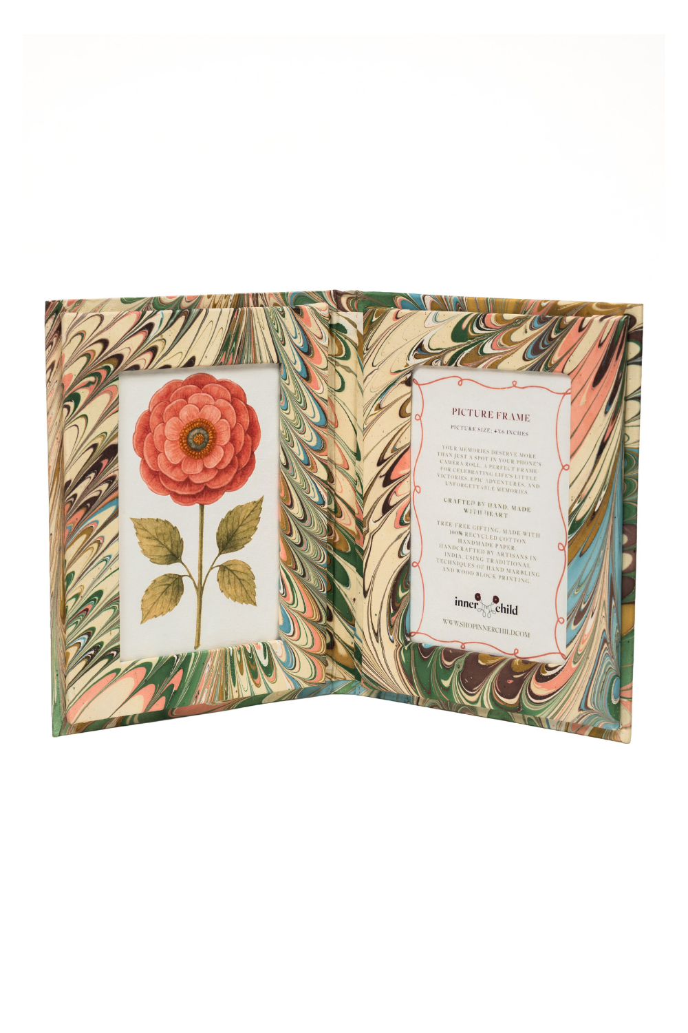 Hand-Marbled Picture Frame Folding Book, 4x6 in Flatiron Feathers