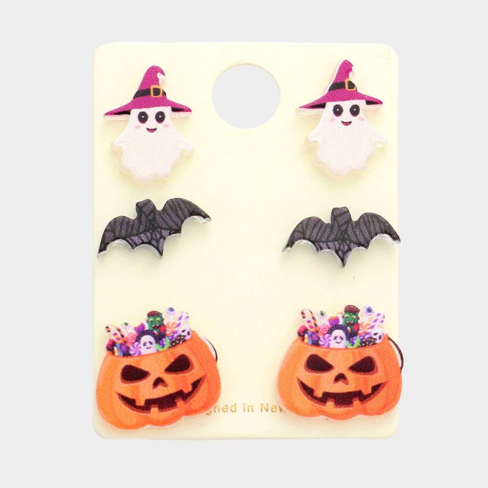 3Pairs - Resin Witch Hat Ghost Bat Pumpkin Stud Earrings
