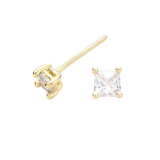 Gold Dipped 3mm Square CZ Stone Stud Earrings