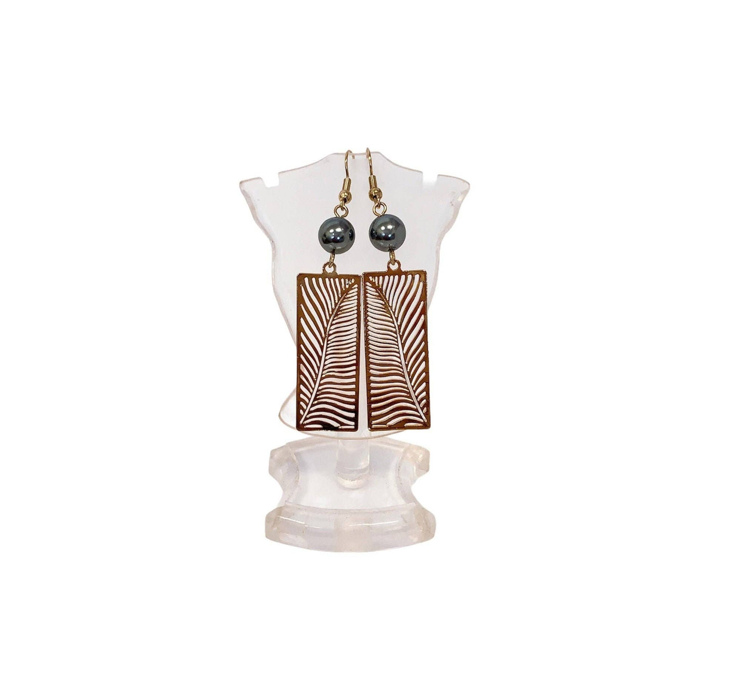 Tropical Palm Frond Leafs: Hamilton Gold Earring with Shell Pearls new Black greenish color pearls
