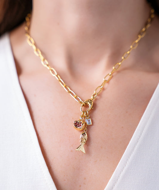 Fish and Pomegranate Charm Drop Necklace