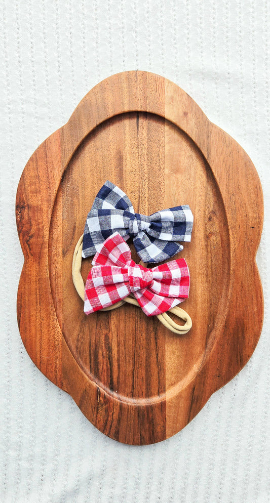 Small Pinwheel Bow on Headband • Red Gingham