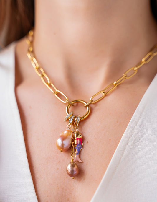 Peach Baroque Pearl Charm Cluster Necklace