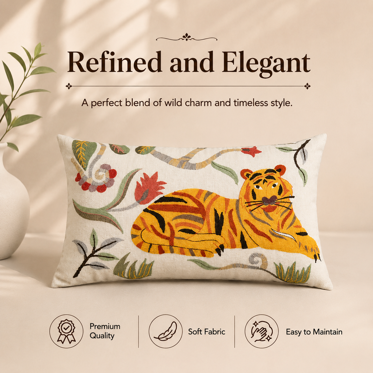 Floral Safari Tiger Pillow | 24x14" | Cotton Fabric