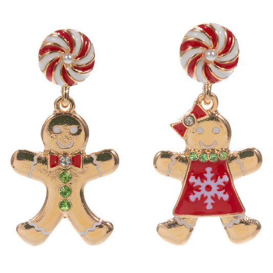 Mismatch Festive Holiday Gingerbread Man Woman Dangle Earrings