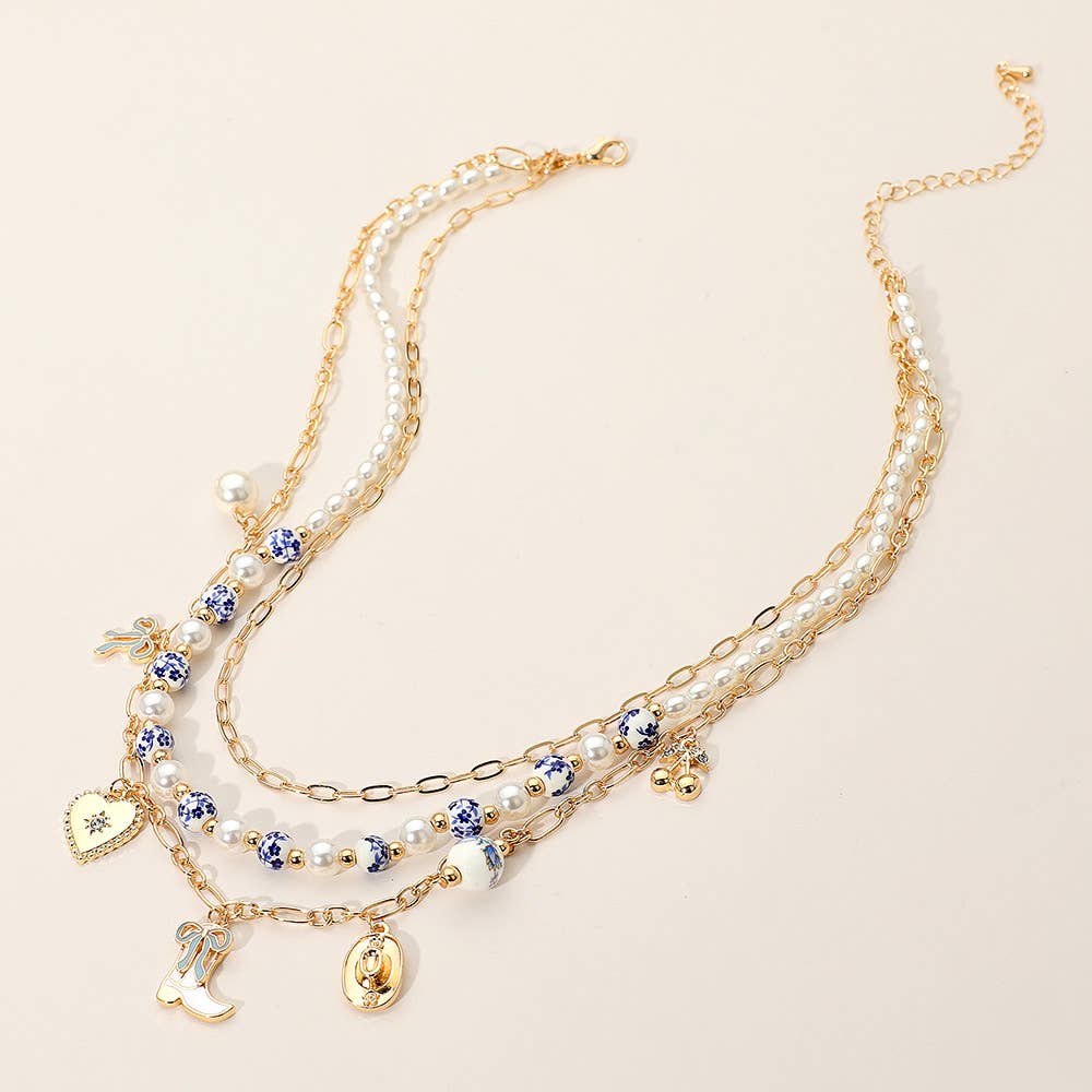 Western Cowboy Boot Hat Bow Cherry Heart Charm Station Pearl Floral Ceramic Ball Beaded Layered Necklace
