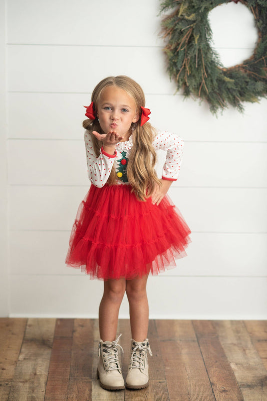 Polka Dot Pom Pom Christmas Tree Tulle Dress