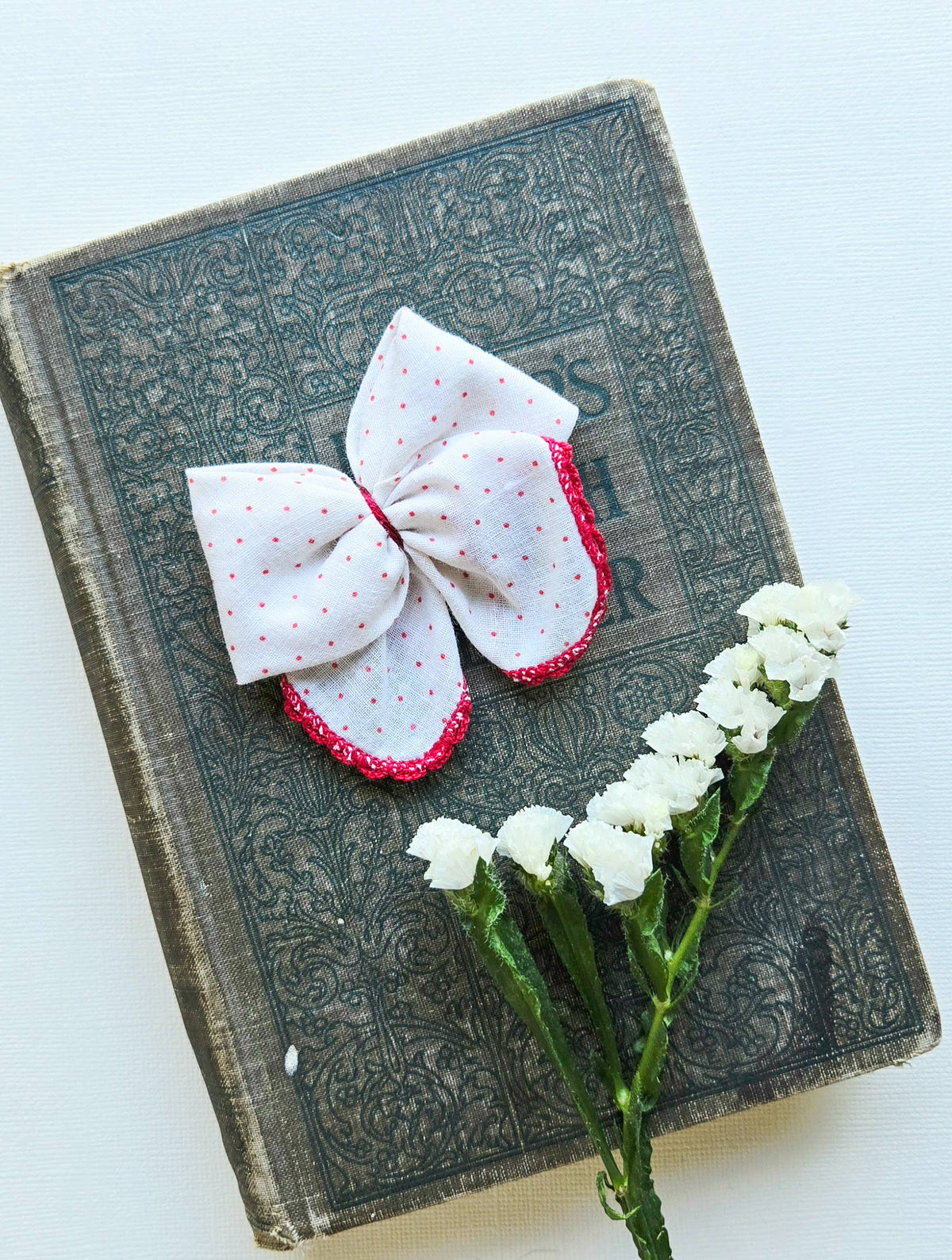 Vintage Handkerchief Bow on Clip • Red Polka Dot