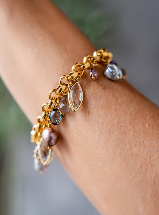 Colorful Gemstone and Pearl Charm Bracelet