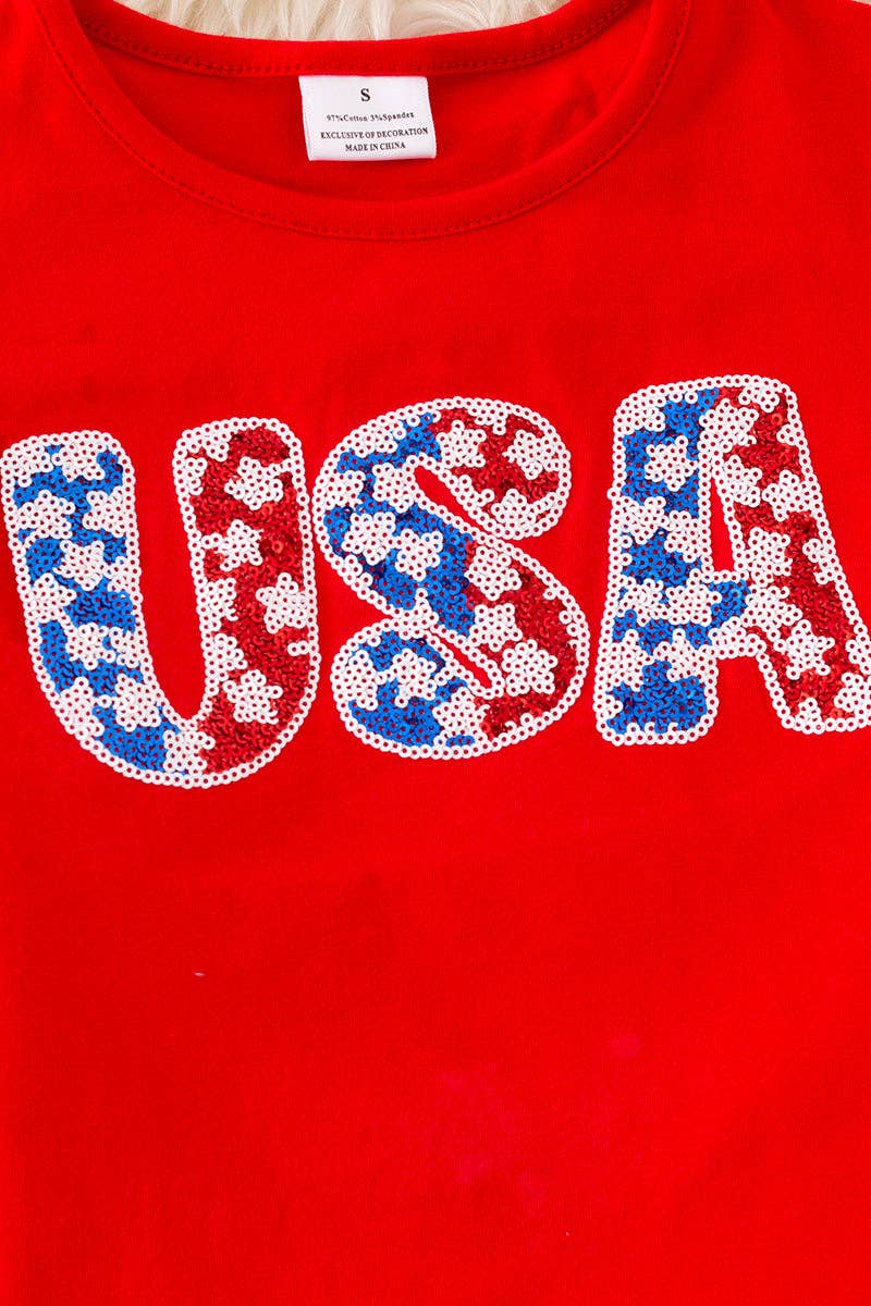 USA sequins applique red top & stripe shorts