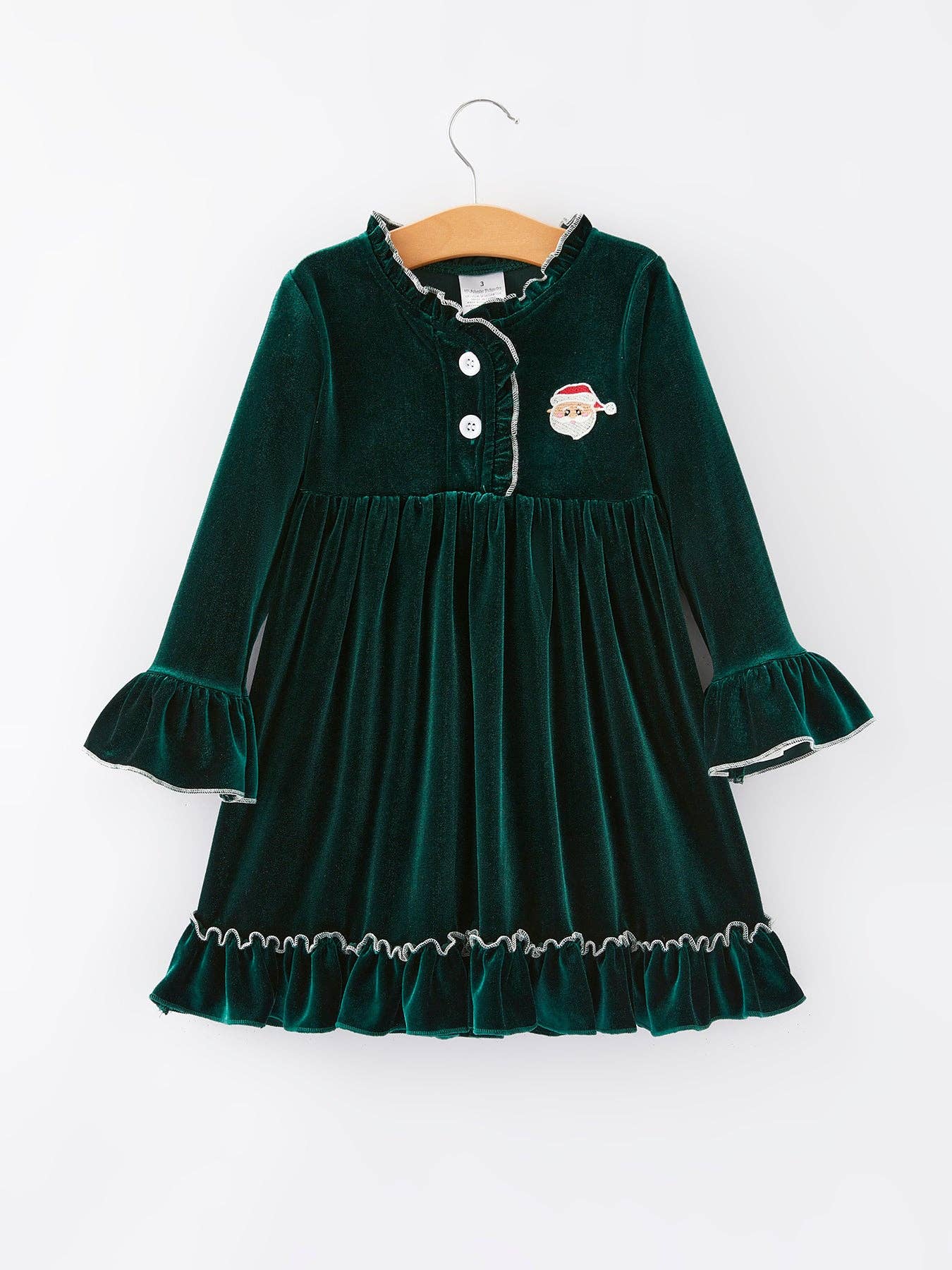 Green Santa Embroidered Velvet Girls Dress
