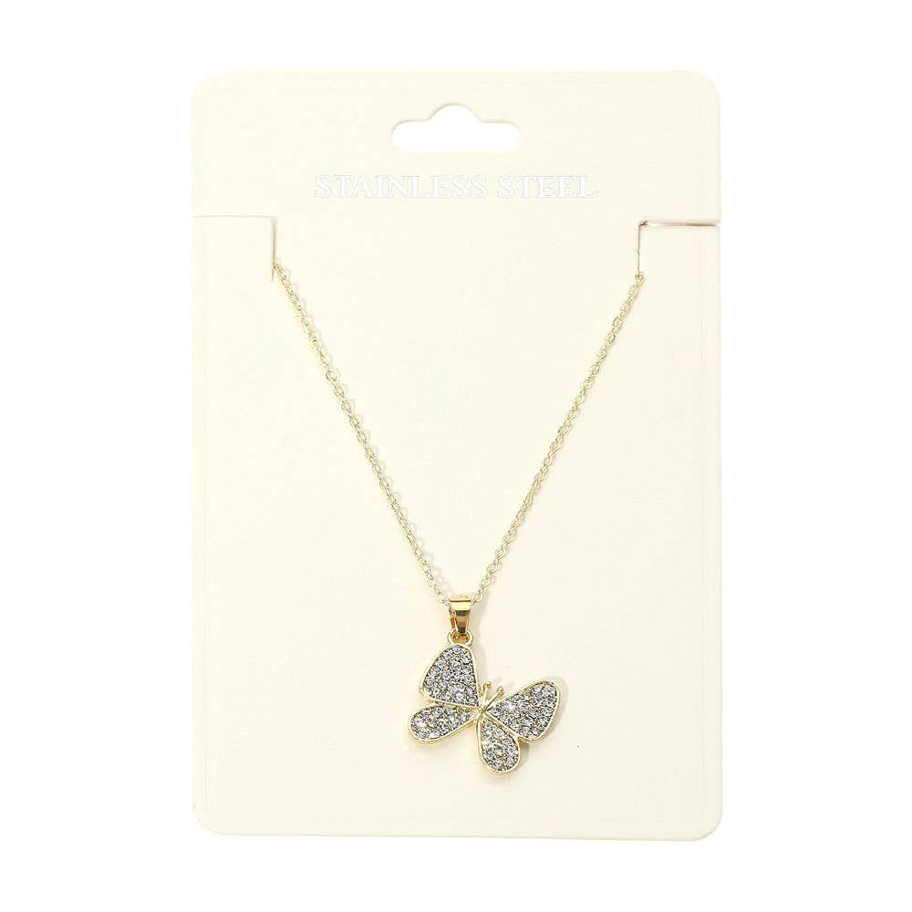 Stainless Steel Stone Paved Butterfly Pendant Necklaces
