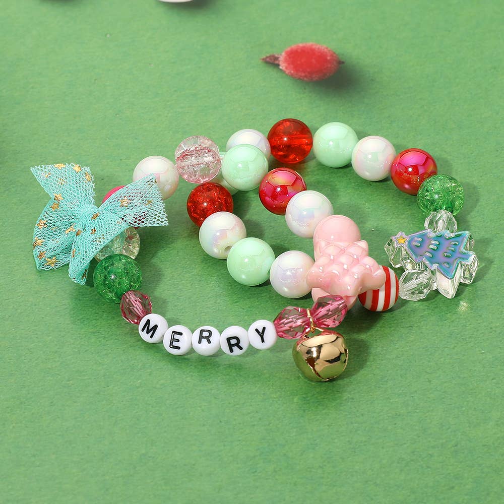 MERRY Star Christmas Tree Bow Beaded Stretch Multi Layered Bracelets