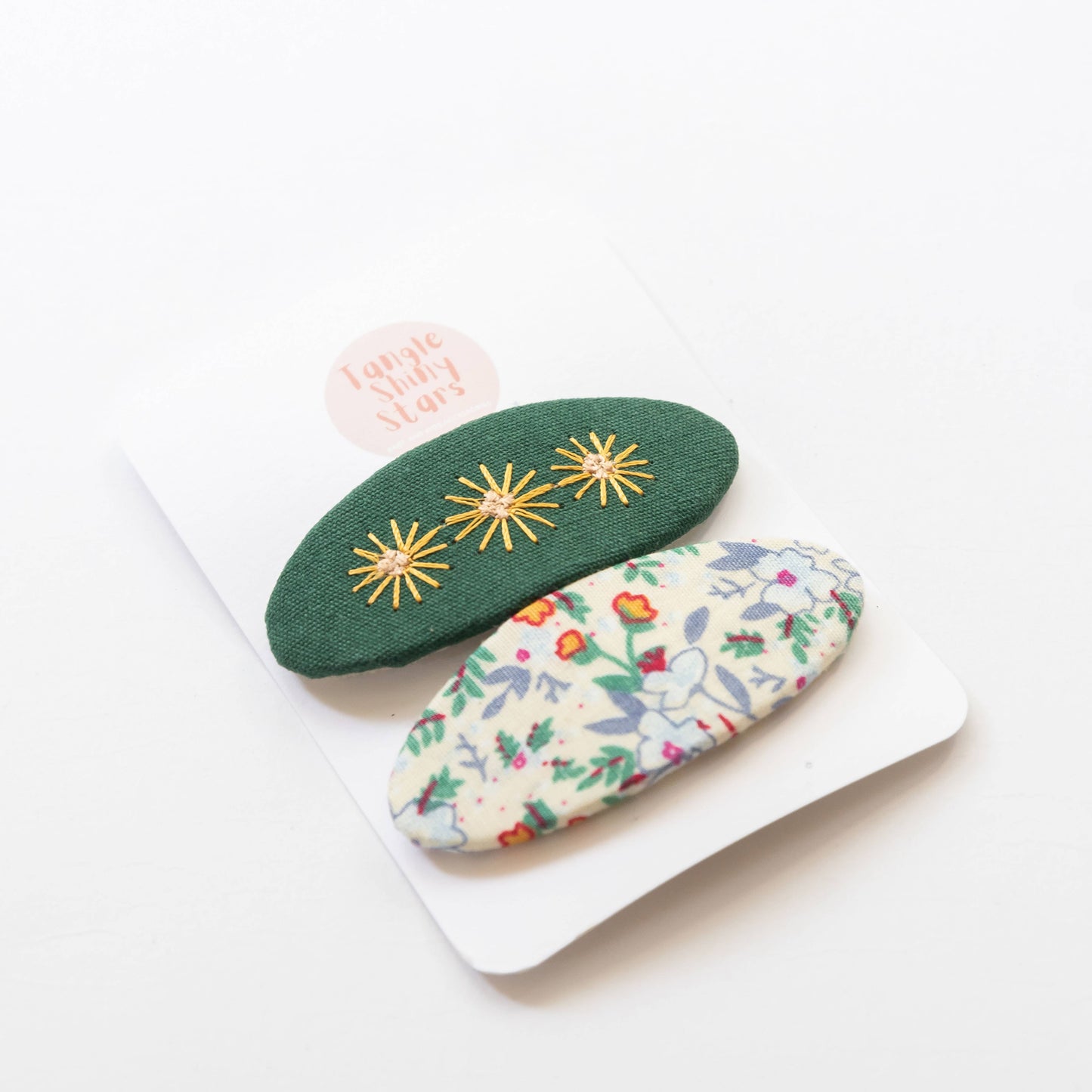 Oval Embroidered Floral Snap Hair Clips | Green