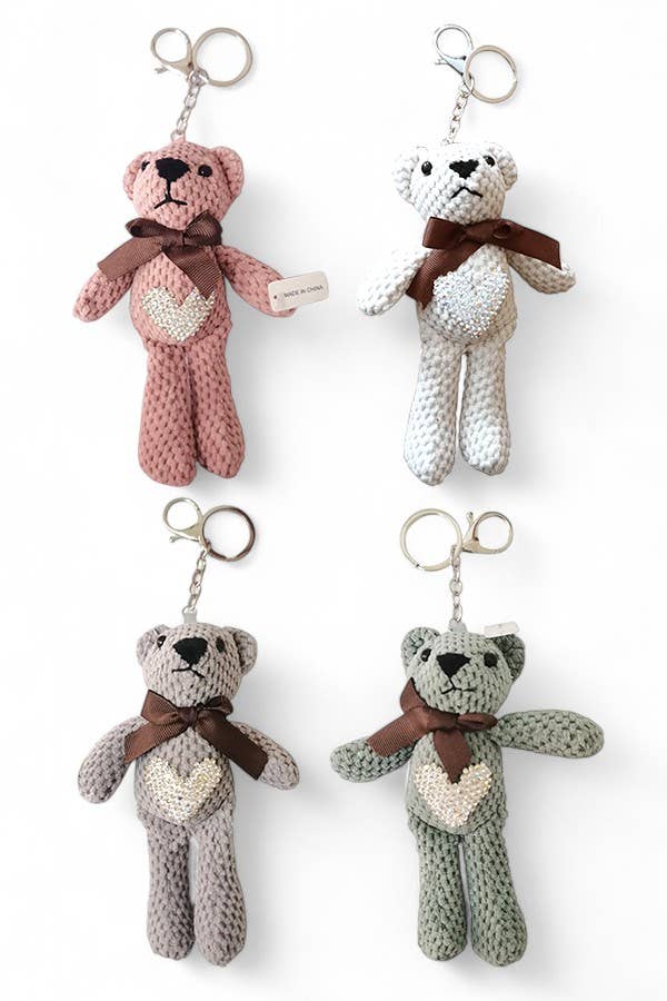 Rhinestone Accent Knitted Teddy Bear Bag Charm Key Chain