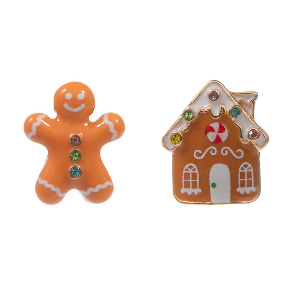 Mismatch Gingerbread Man and House Stud Earrings