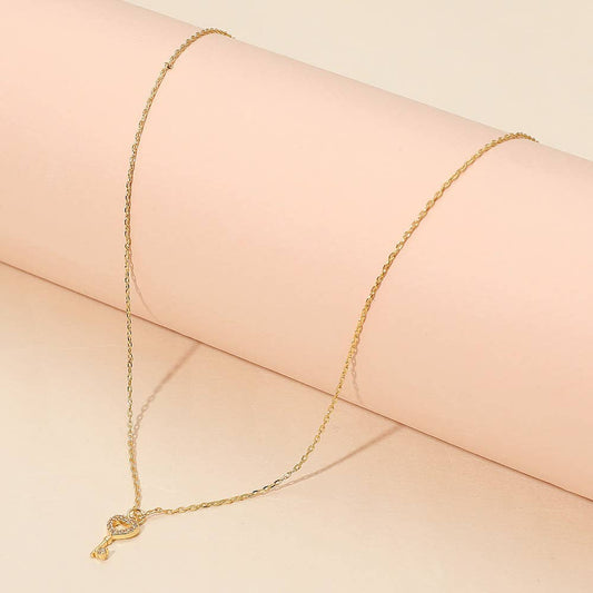 18K Gold Dipped Stone Paved Heart Key Pendant Necklace