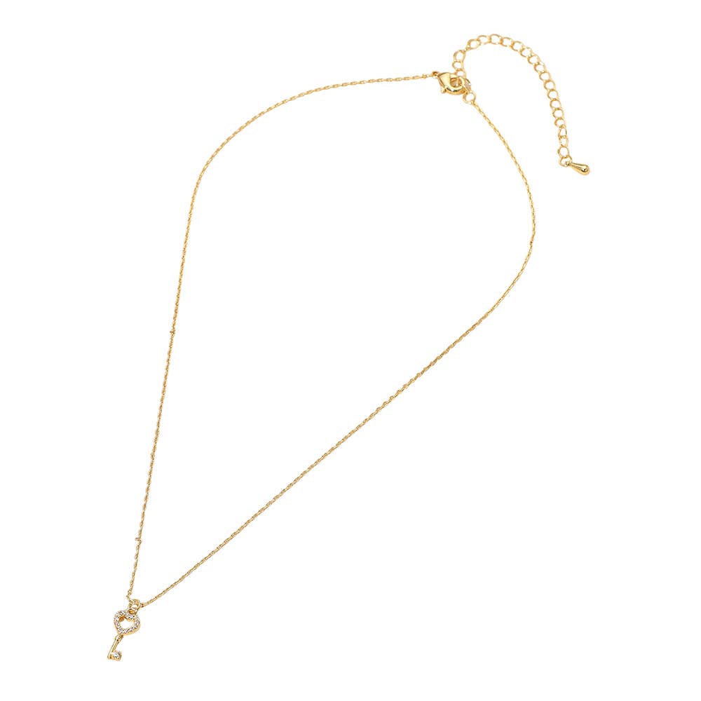18K Gold Dipped Stone Paved Heart Key Pendant Necklace