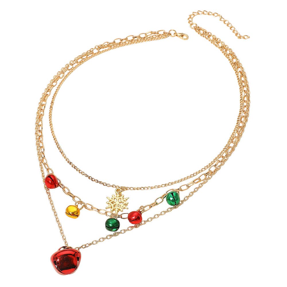 Holiday Snowflake Jingle Bell Charm Accent Layered Necklaces