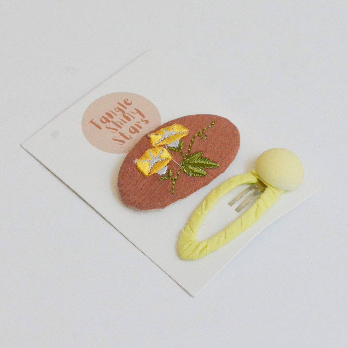 Oval Embroidered Floral Snap Hair Clips | Brown & Lime