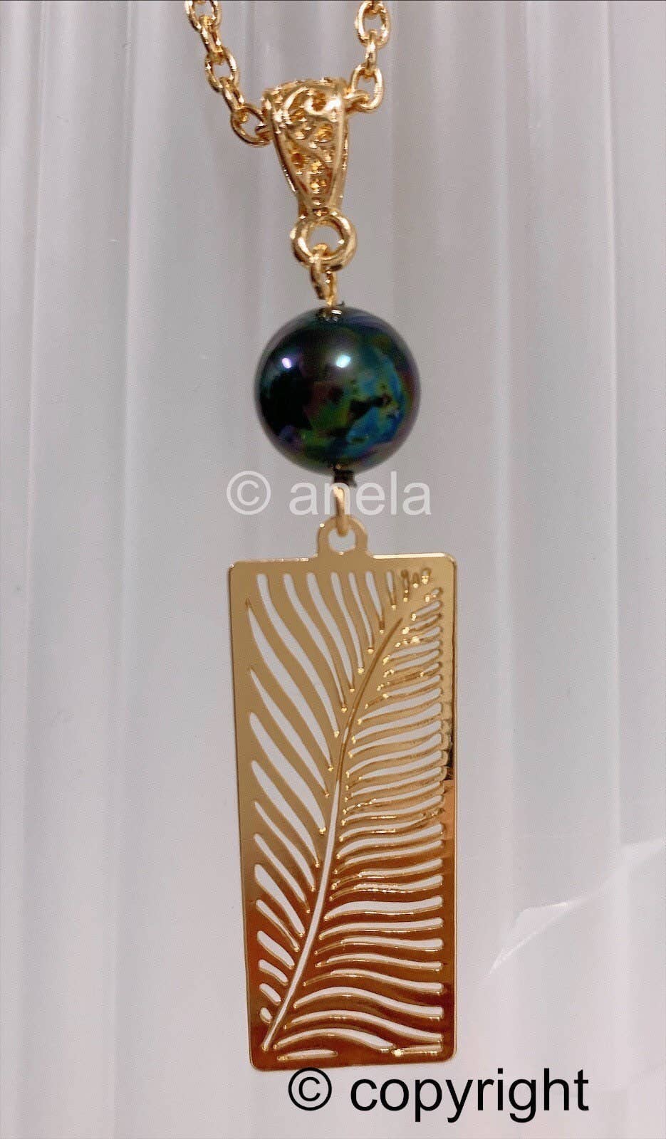 Tropical Palm Frond Leafs: Hamilton Gold Earring with Shell Pearls new Black greenish color pearls