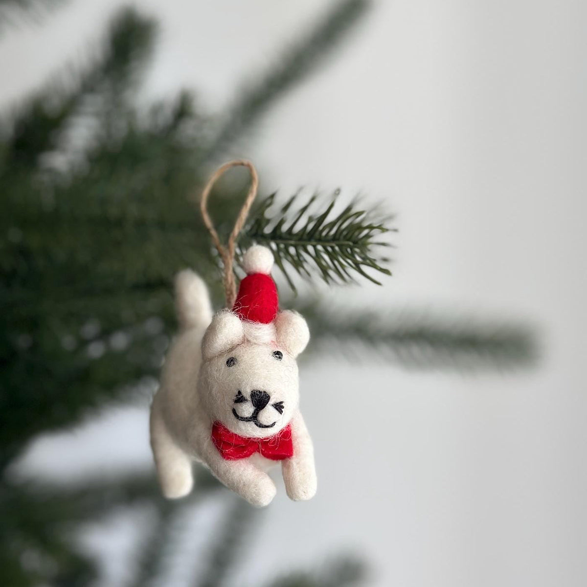 Felt White Cat in Christmas Hat Ornament