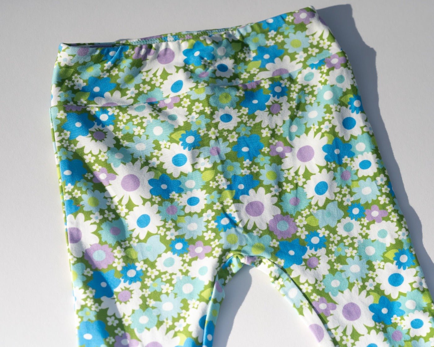 Green and Blue Flower Power Jersey Knit Bell Bottoms for Babies, Toddlers and Girls