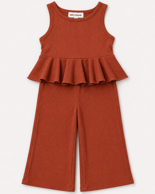 Hattie Peplum Top Two-Piece Wide Leg Set - Copper Ember