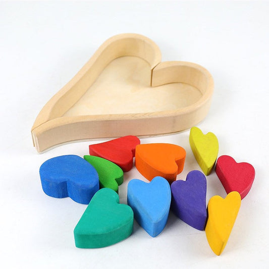 10-Piece Stained Wooden Rainbow Heart Stacking Puzzle Blocks