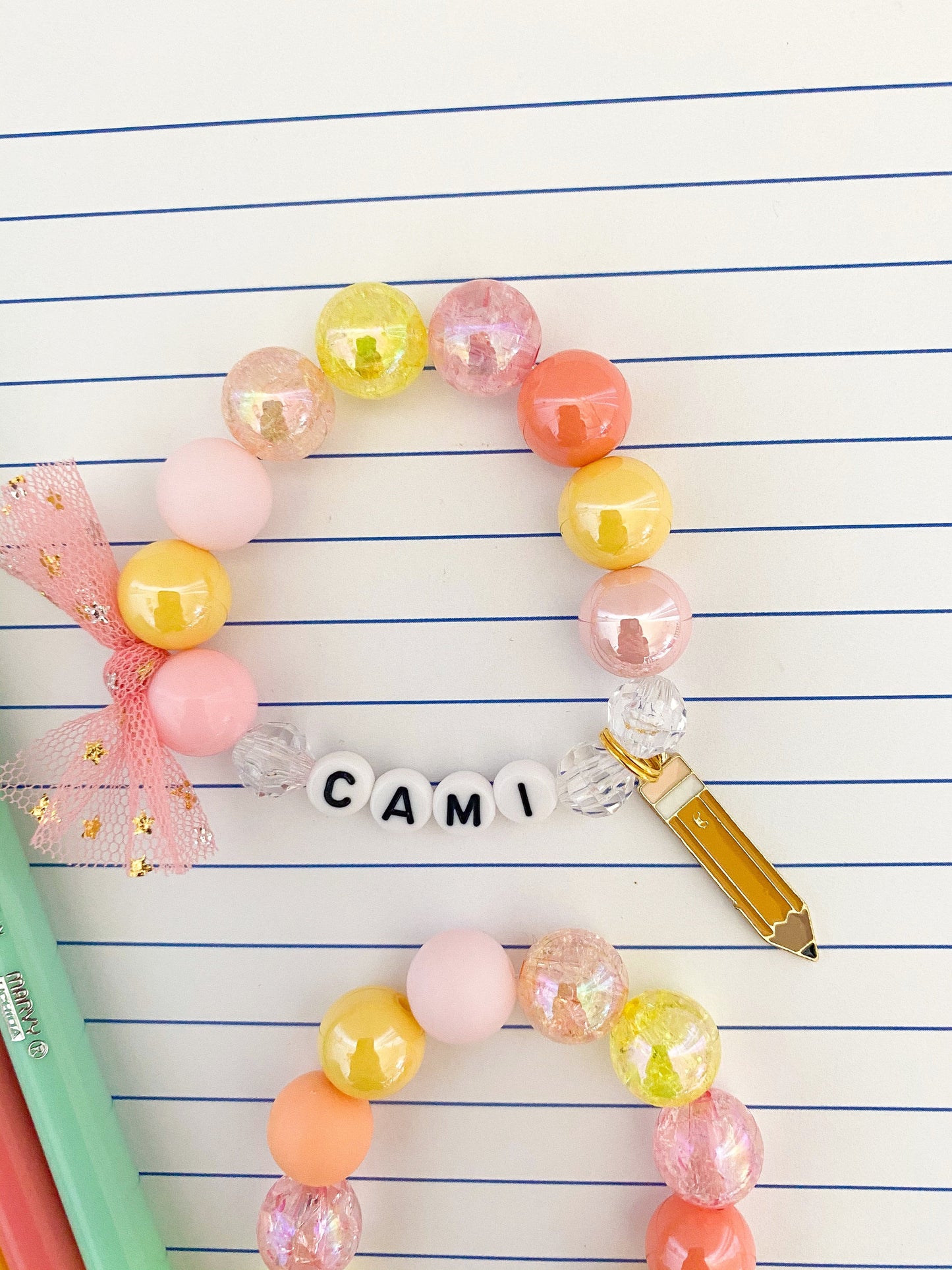 Back to School Kids Pastel Colors Pencil Charm Bracelet, Personalized Custom Name