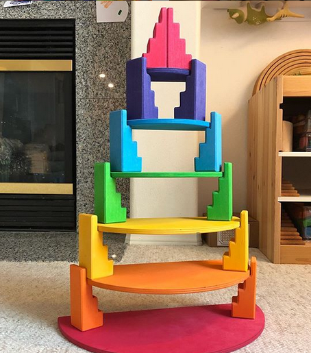 12-Piece "Stepped Roof" Building Block Set — Primary (Stained)