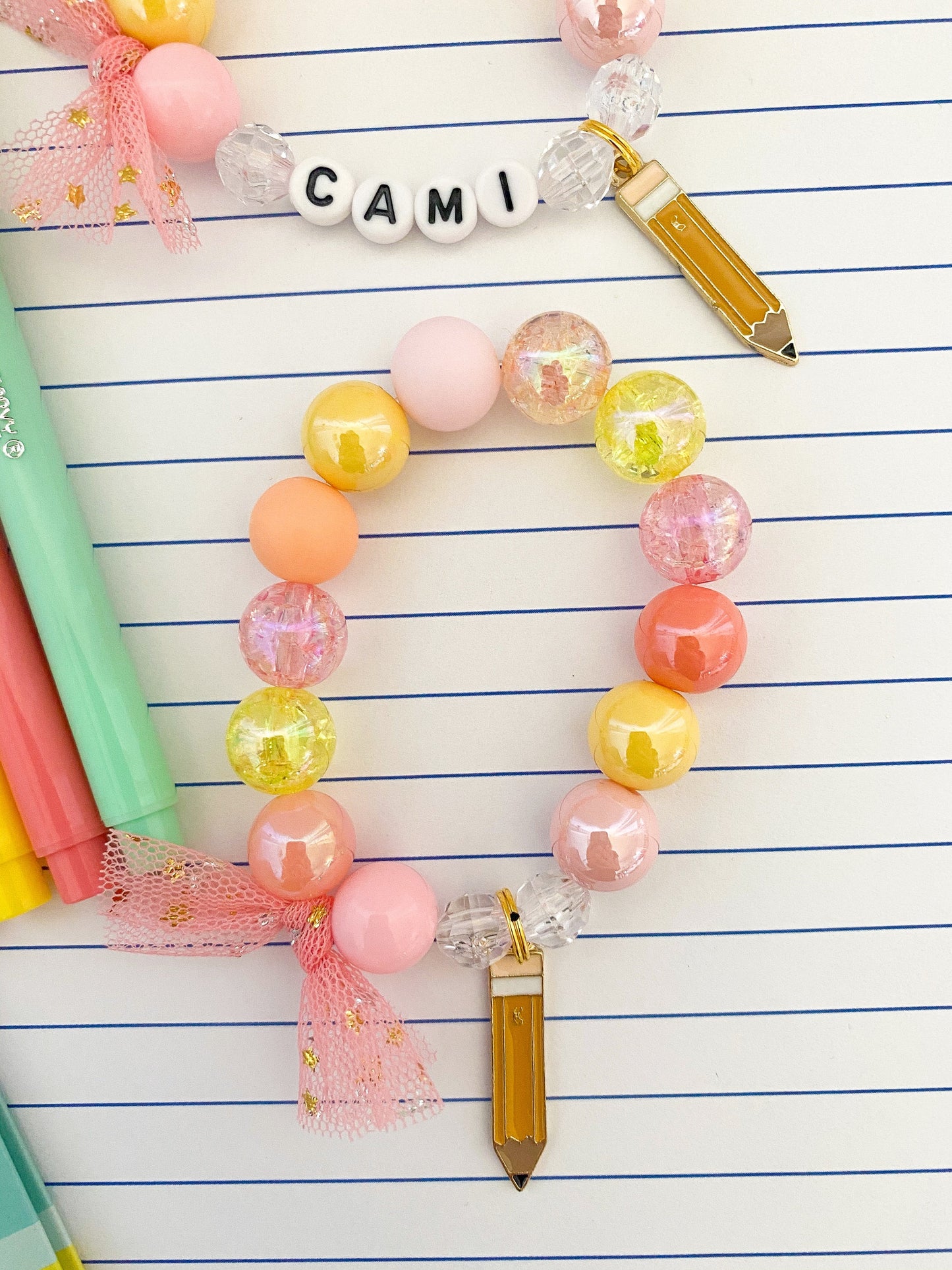 Back to School Kids Pastel Colors Pencil Charm Bracelet, Personalized Custom Name