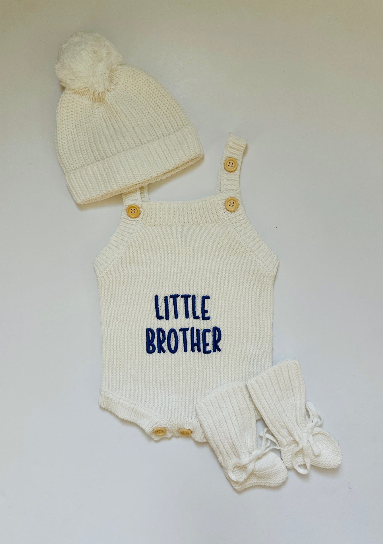 Newborn Knit Romper Set – Hello World, LITTLE SISTER and LITTLE BROTHER Embroidered Baby Outfit with Hat & Booties or Headband | Soft Coming Home Outfit