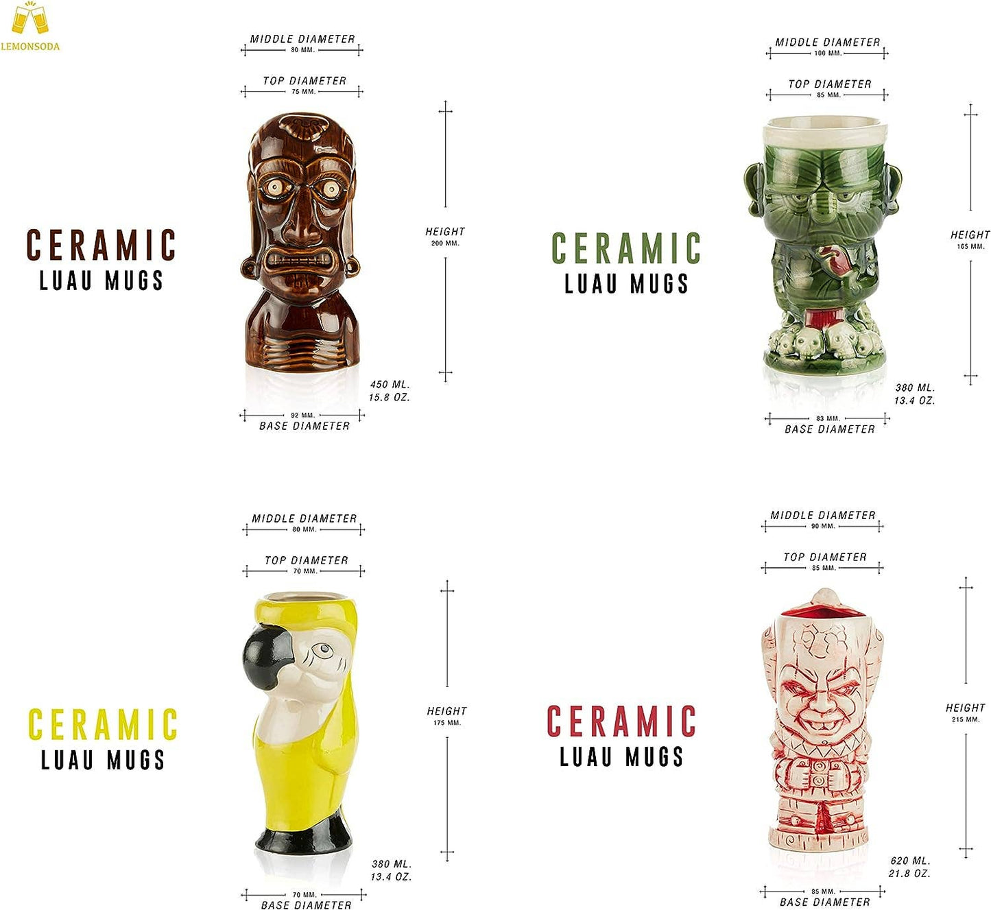 Ceramic Hawaiian Luau Tiki Mug Set of 4