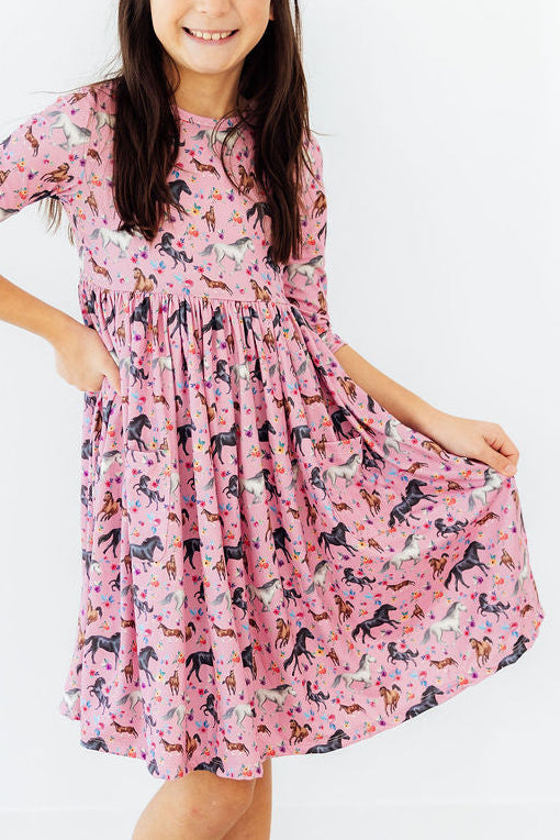 Petals & Ponies 3/4 Sleeve Pocket Twirl Dress