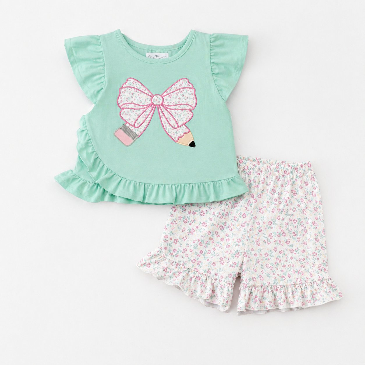 Mint Floral Bow Pencil Ruffle Shorts Set | Girls Back to School Outfit