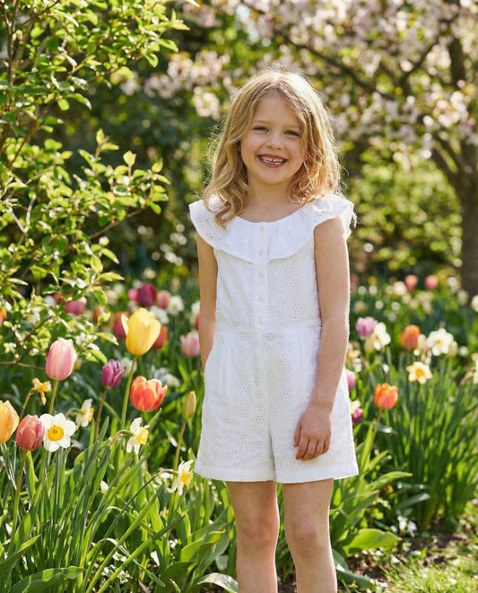 Organic Eyelet Ruffle Romper - White Eyelet