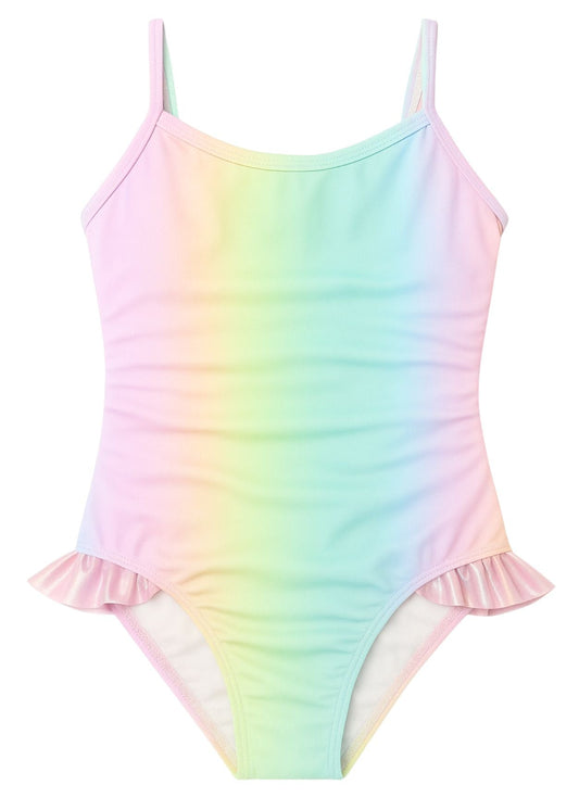 Rainbow Swimsuit with Pink Metallic Ruffles