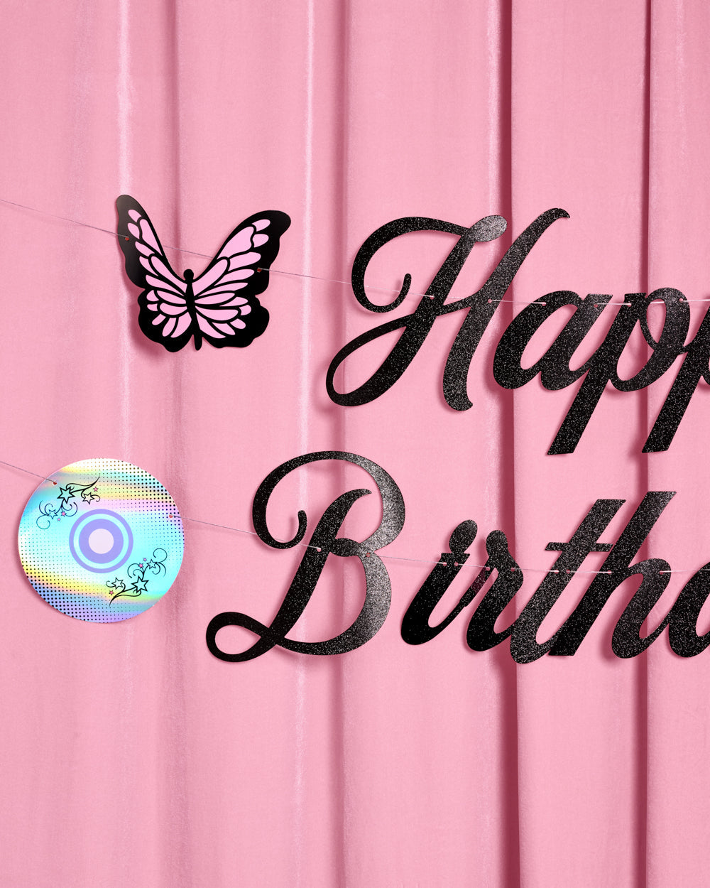 Y2K Birthday Banner - black glitter banner