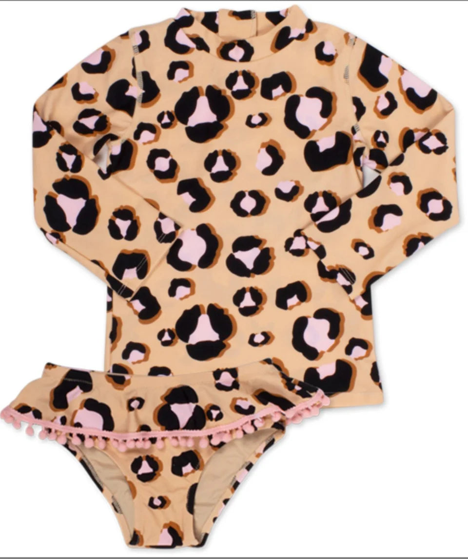 Toddler Girls Two Piece Leopard Ruffle Rashguard Swimsuit