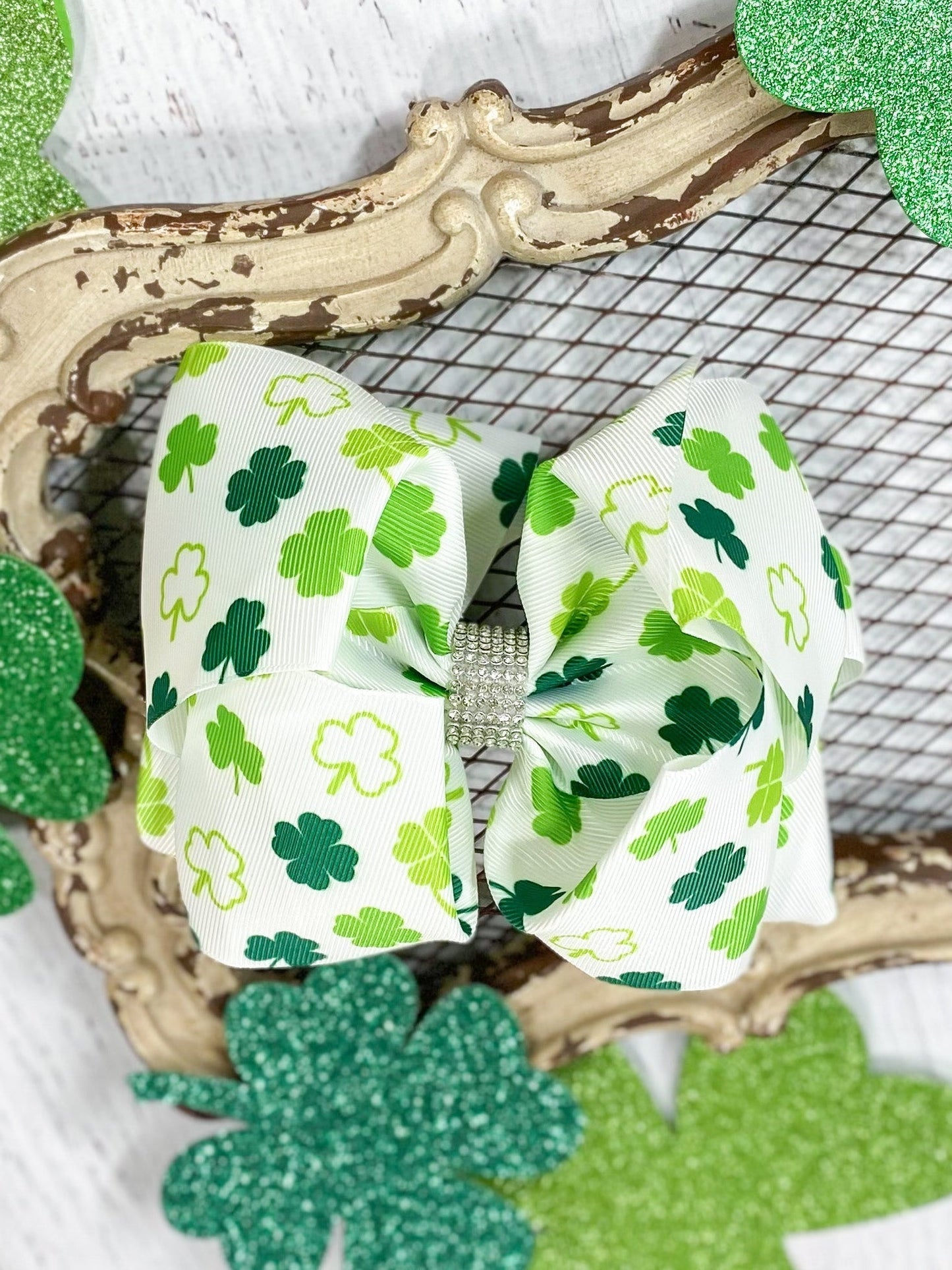 Shamrock Rhinestone Center Hair Bow | St. Patrick's Day Bow